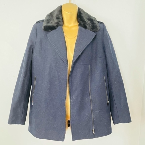 H&M fur collar wool coat size 8 navy blue jacket - Picture 1 of 7